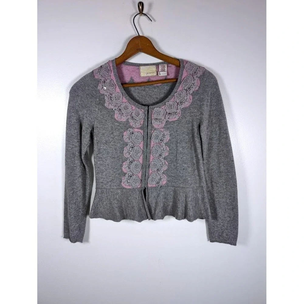 Guinevere Anthropologie Cardigan Medium Peplum Cashmere Angora Blend Lace Beaded